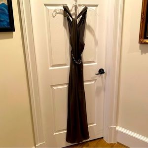 High neck, olive green satin column dress